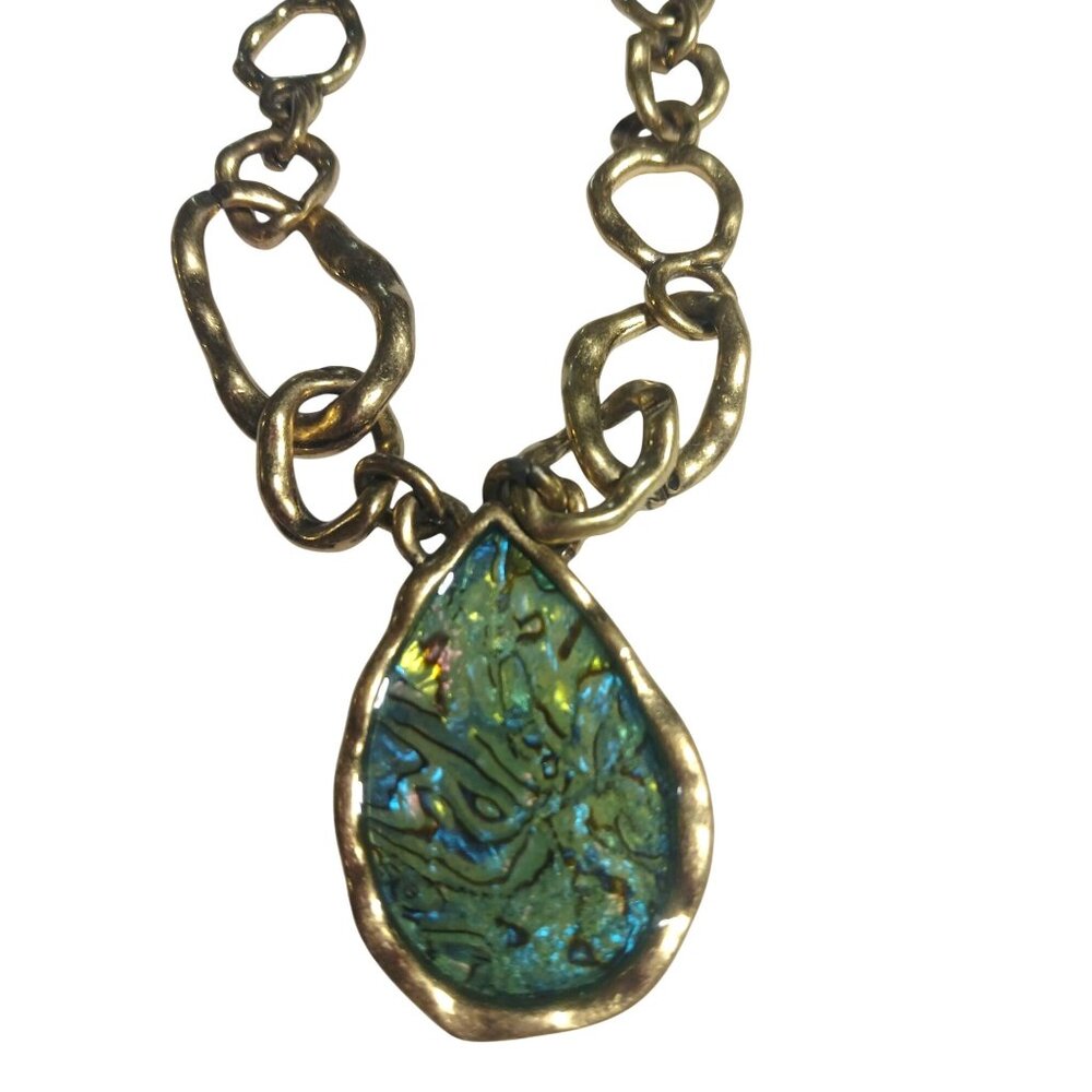 NRQ Chunky Gold Tone Brass Chain Necklace Abstract Pendant Teardrop Statement